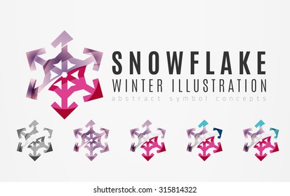 Conjunto de íconos abstractos coloridos del logo del copo de nieve, conceptos de invierno, diseño geométrico moderno y limpio. Creado con líneas abstractas transparentes