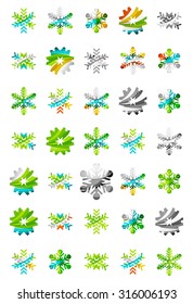 Conjunto de íconos abstractos coloridos del logo del copo de nieve, conceptos de invierno, diseño geométrico moderno y limpio. Creado con líneas abstractas transparentes