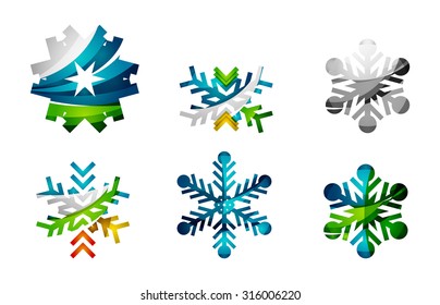 Set von abstrakten farbenfrohen Snowflake Logo Symbole, Winterkonzepte, sauberes modernes geometrisches Design. Mit transparenten abstrakten Linien erstellt