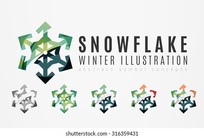 Conjunto de íconos abstractos coloridos del logo del copo de nieve, conceptos de invierno, diseño geométrico moderno y limpio. Creado con líneas abstractas transparentes