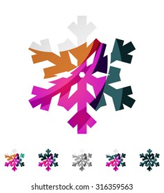 Conjunto de íconos abstractos coloridos del logo del copo de nieve, conceptos de invierno, diseño geométrico moderno y limpio. Creado con líneas abstractas transparentes