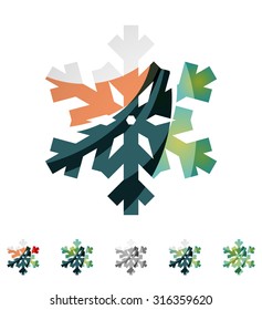 Conjunto de íconos abstractos coloridos del logo del copo de nieve, conceptos de invierno, diseño geométrico moderno y limpio. Creado con líneas abstractas transparentes