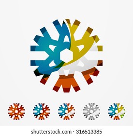 Conjunto de íconos abstractos coloridos del logo del copo de nieve, conceptos de invierno, diseño geométrico moderno y limpio. Creado con líneas abstractas transparentes
