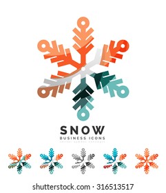 Conjunto de íconos abstractos coloridos del logo del copo de nieve, conceptos de invierno, diseño geométrico moderno y limpio. Creado con líneas abstractas transparentes