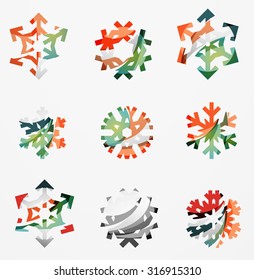 Conjunto de íconos abstractos coloridos del logo del copo de nieve, conceptos de invierno, diseño geométrico moderno y limpio. Creado con líneas abstractas transparentes