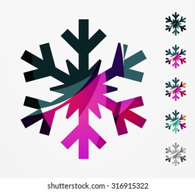 Conjunto de íconos abstractos coloridos del logo del copo de nieve, conceptos de invierno, diseño geométrico moderno y limpio. Creado con líneas abstractas transparentes
