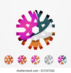 Conjunto de íconos abstractos coloridos del logo del copo de nieve, conceptos de invierno, diseño geométrico moderno y limpio. Creado con líneas abstractas transparentes