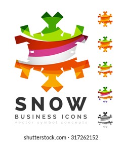 Conjunto de íconos abstractos coloridos del logo del copo de nieve, conceptos de invierno, diseño geométrico moderno y limpio. Creado con líneas abstractas transparentes