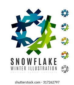 Set von abstrakten farbenfrohen Snowflake Logo Symbole, Winterkonzepte, sauberes modernes geometrisches Design. Mit transparenten abstrakten Linien erstellt