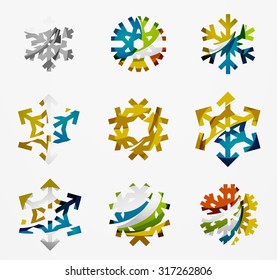 Conjunto de íconos abstractos coloridos del logo del copo de nieve, conceptos de invierno, diseño geométrico moderno y limpio. Creado con líneas abstractas transparentes