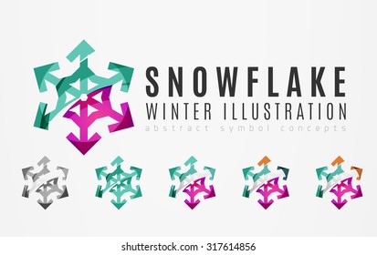 Conjunto de íconos abstractos coloridos del logo del copo de nieve, conceptos de invierno, diseño geométrico moderno y limpio. Creado con líneas abstractas transparentes