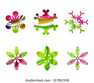 Conjunto de íconos abstractos coloridos del logo del copo de nieve, conceptos de invierno, diseño geométrico moderno y limpio. Creado con líneas abstractas transparentes