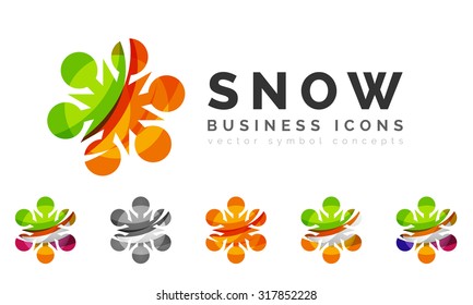 Set von abstrakten farbenfrohen Snowflake Logo Symbole, Winterkonzepte, sauberes modernes geometrisches Design. Mit transparenten abstrakten Linien erstellt