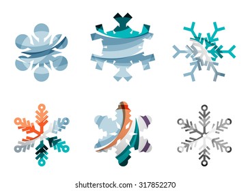 Conjunto de íconos abstractos coloridos del logo del copo de nieve, conceptos de invierno, diseño geométrico moderno y limpio. Creado con líneas abstractas transparentes