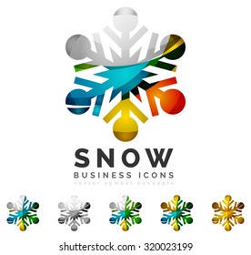 Conjunto de íconos abstractos coloridos del logo del copo de nieve, conceptos de invierno, diseño geométrico moderno y limpio. Creado con líneas abstractas transparentes