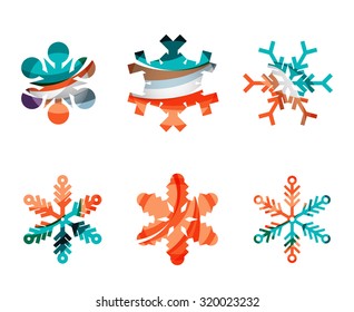 Conjunto de íconos abstractos coloridos del logo del copo de nieve, conceptos de invierno, diseño geométrico moderno y limpio. Creado con líneas abstractas transparentes