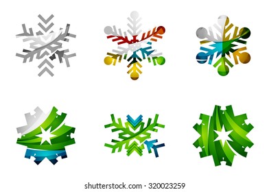 Set von abstrakten farbenfrohen Snowflake Logo Symbole, Winterkonzepte, sauberes modernes geometrisches Design. Mit transparenten abstrakten Linien erstellt