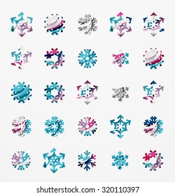 Conjunto de íconos abstractos coloridos del logo del copo de nieve, conceptos de invierno, diseño geométrico moderno y limpio. Creado con líneas abstractas transparentes