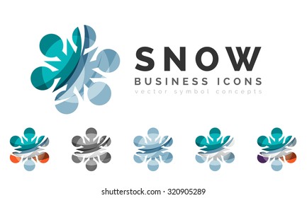 Conjunto de íconos abstractos coloridos del logo del copo de nieve, conceptos de invierno, diseño geométrico moderno y limpio. Creado con líneas abstractas transparentes