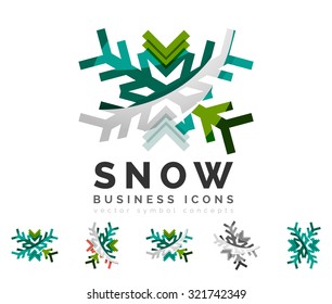 Conjunto de íconos abstractos coloridos del logo del copo de nieve, conceptos de invierno, diseño geométrico moderno y limpio. Creado con líneas abstractas transparentes
