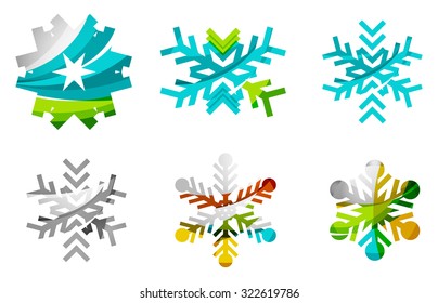 Conjunto de íconos abstractos coloridos del logo del copo de nieve, conceptos de invierno, diseño geométrico moderno y limpio. Creado con líneas abstractas transparentes