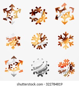 Conjunto de íconos abstractos coloridos del logo del copo de nieve, conceptos de invierno, diseño geométrico moderno y limpio. Creado con líneas abstractas transparentes