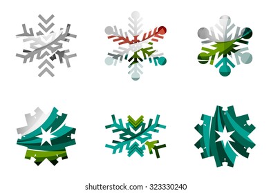 Conjunto de íconos abstractos coloridos del logo del copo de nieve, conceptos de invierno, diseño geométrico moderno y limpio. Creado con líneas abstractas transparentes