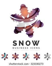 Conjunto de íconos abstractos coloridos del logo del copo de nieve, conceptos de invierno, diseño geométrico moderno y limpio. Creado con líneas abstractas transparentes