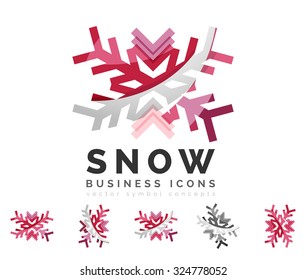 Conjunto de íconos abstractos coloridos del logo del copo de nieve, conceptos de invierno, diseño geométrico moderno y limpio. Creado con líneas abstractas transparentes