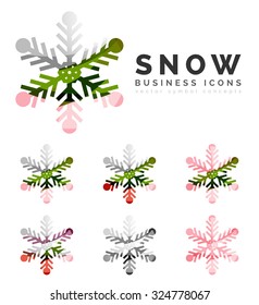 Conjunto de íconos abstractos coloridos del logo del copo de nieve, conceptos de invierno, diseño geométrico moderno y limpio. Creado con líneas abstractas transparentes