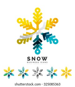 Conjunto de íconos abstractos coloridos del logo del copo de nieve, conceptos de invierno, diseño geométrico moderno y limpio. Creado con líneas abstractas transparentes