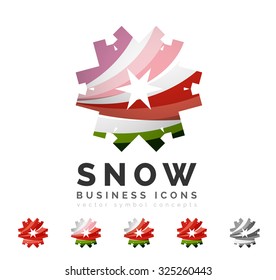 Conjunto de íconos abstractos coloridos del logo del copo de nieve, conceptos de invierno, diseño geométrico moderno y limpio. Creado con líneas abstractas transparentes