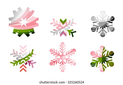 Conjunto de íconos abstractos coloridos del logo del copo de nieve, conceptos de invierno, diseño geométrico moderno y limpio. Creado con líneas abstractas transparentes