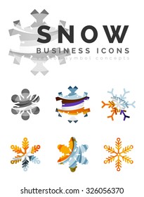 Conjunto de íconos abstractos coloridos del logo del copo de nieve, conceptos de invierno, diseño geométrico moderno y limpio. Creado con líneas abstractas transparentes