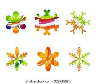 Conjunto de íconos abstractos coloridos del logo del copo de nieve, conceptos de invierno, diseño geométrico moderno y limpio. Creado con líneas abstractas transparentes