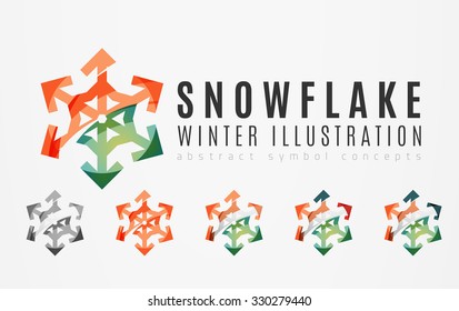 Conjunto de íconos abstractos coloridos del logo del copo de nieve, conceptos de invierno, diseño geométrico moderno y limpio. Creado con líneas abstractas transparentes