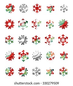 Conjunto de íconos abstractos coloridos del logo del copo de nieve, conceptos de invierno, diseño geométrico moderno y limpio. Creado con líneas abstractas transparentes