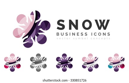 Conjunto de íconos abstractos coloridos del logo del copo de nieve, conceptos de invierno, diseño geométrico moderno y limpio. Creado con líneas abstractas transparentes