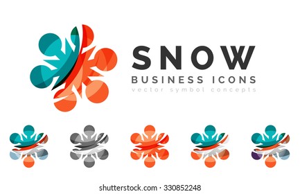 Conjunto de íconos abstractos coloridos del logo del copo de nieve, conceptos de invierno, diseño geométrico moderno y limpio. Creado con líneas abstractas transparentes