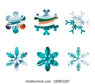 Conjunto de íconos abstractos coloridos del logo del copo de nieve, conceptos de invierno, diseño geométrico moderno y limpio. Creado con líneas abstractas transparentes