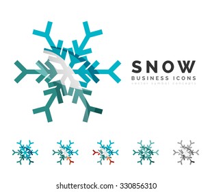 Conjunto de íconos abstractos coloridos del logo del copo de nieve, conceptos de invierno, diseño geométrico moderno y limpio. Creado con líneas abstractas transparentes