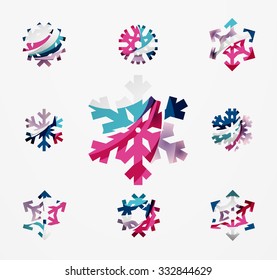 Conjunto de íconos abstractos coloridos del logo del copo de nieve, conceptos de invierno, diseño geométrico moderno y limpio. Creado con líneas abstractas transparentes