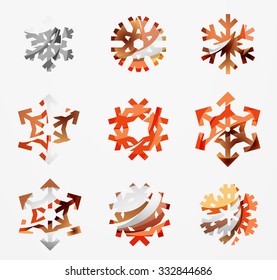 Conjunto de íconos abstractos coloridos del logo del copo de nieve, conceptos de invierno, diseño geométrico moderno y limpio. Creado con líneas abstractas transparentes