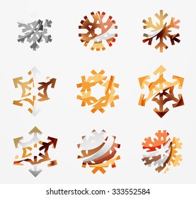 Conjunto de íconos abstractos coloridos del logo del copo de nieve, conceptos de invierno, diseño geométrico moderno y limpio. Creado con líneas abstractas transparentes