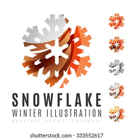Conjunto de íconos abstractos coloridos del logo del copo de nieve, conceptos de invierno, diseño geométrico moderno y limpio. Creado con líneas abstractas transparentes