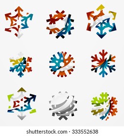 Conjunto de íconos abstractos coloridos del logo del copo de nieve, conceptos de invierno, diseño geométrico moderno y limpio. Creado con líneas abstractas transparentes