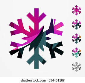 Conjunto de íconos abstractos coloridos del logo del copo de nieve, conceptos de invierno, diseño geométrico moderno y limpio. Creado con líneas abstractas transparentes