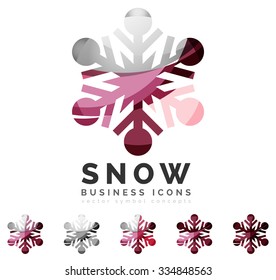 Conjunto de íconos abstractos coloridos del logo del copo de nieve, conceptos de invierno, diseño geométrico moderno y limpio. Creado con líneas abstractas transparentes