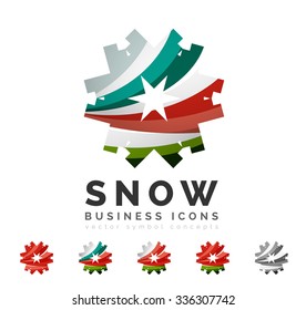Conjunto de íconos abstractos coloridos del logo del copo de nieve, conceptos de invierno, diseño geométrico moderno y limpio. Creado con líneas abstractas transparentes