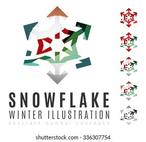 Conjunto de íconos abstractos coloridos del logo del copo de nieve, conceptos de invierno, diseño geométrico moderno y limpio. Creado con líneas abstractas transparentes